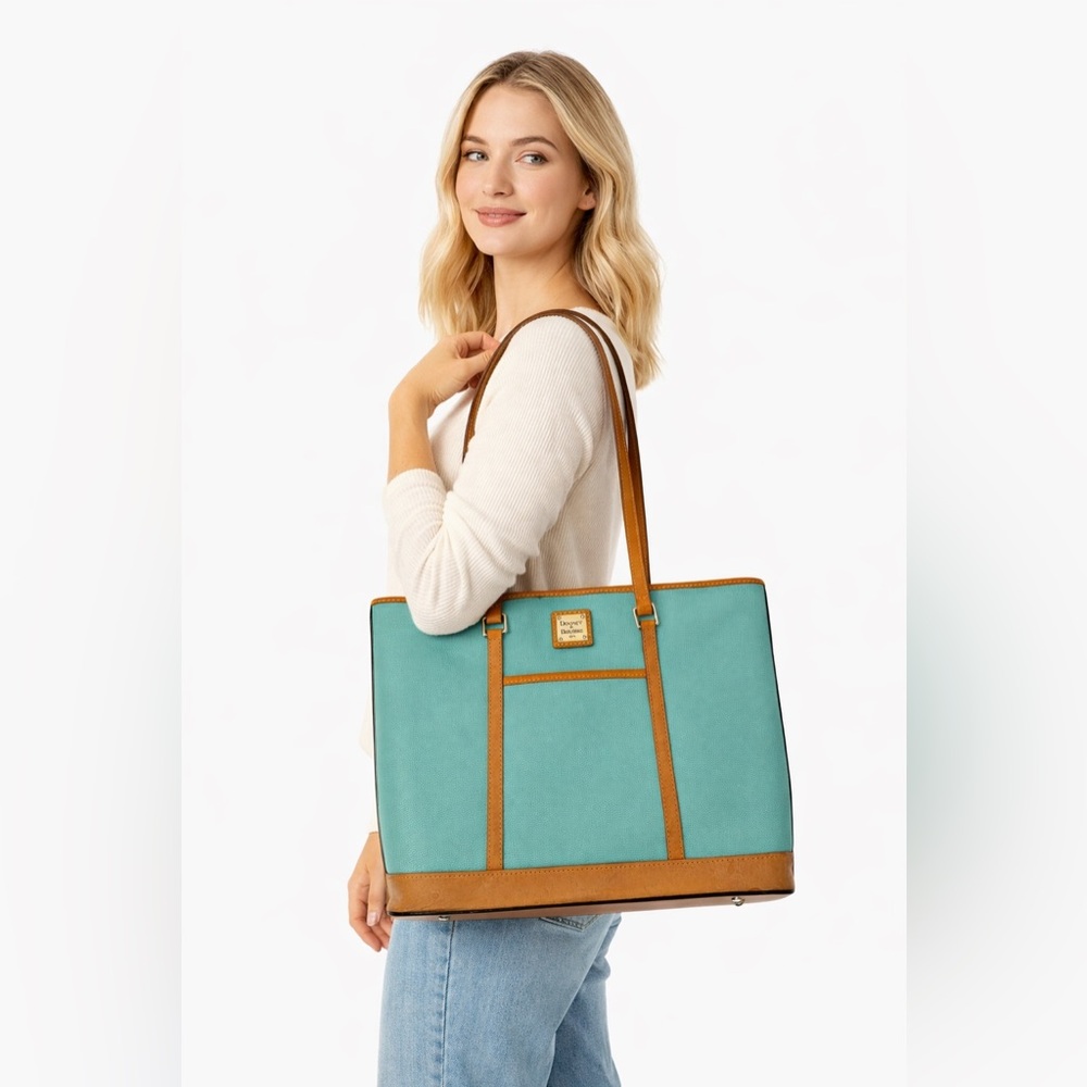 VTG Dooney & Bourke Bone Pebbled Leather Turquoise Cynthia Tote Shoulder Bag - Picture 1 of 17